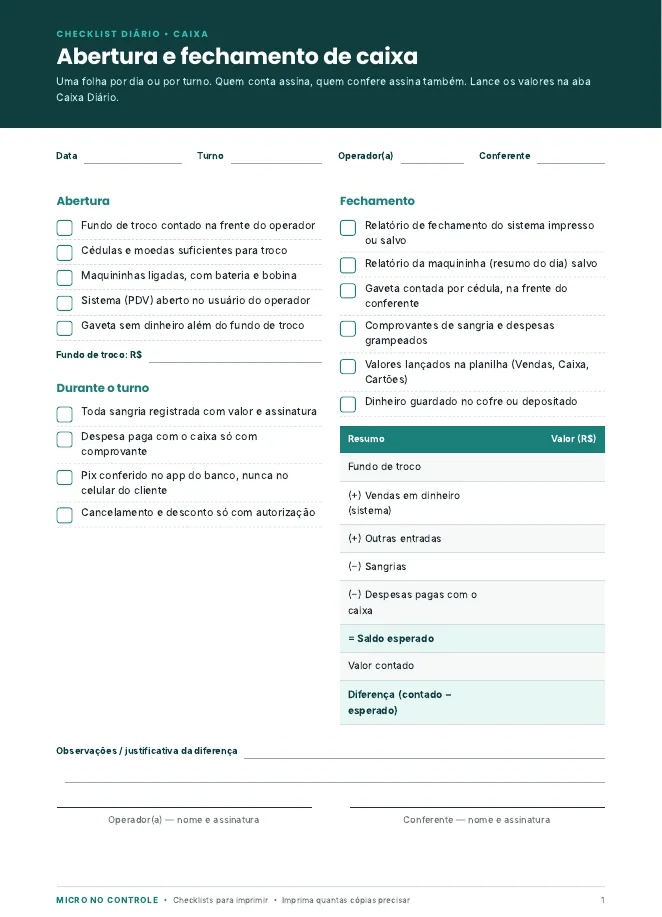 Checklist de abertura e fechamento de caixa